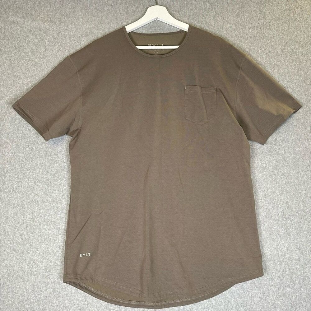 BYLT Mens Size XL Pullover T Shirt Top Brown Crewneck Chest Pocket Short Sleeves